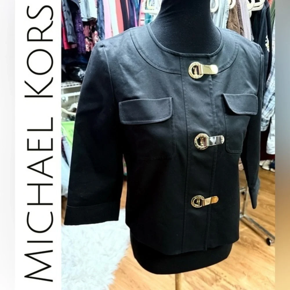 Michael Kors Black Gold Clasp Cropped Blazer Jacket Size S - Picture 2 of 6